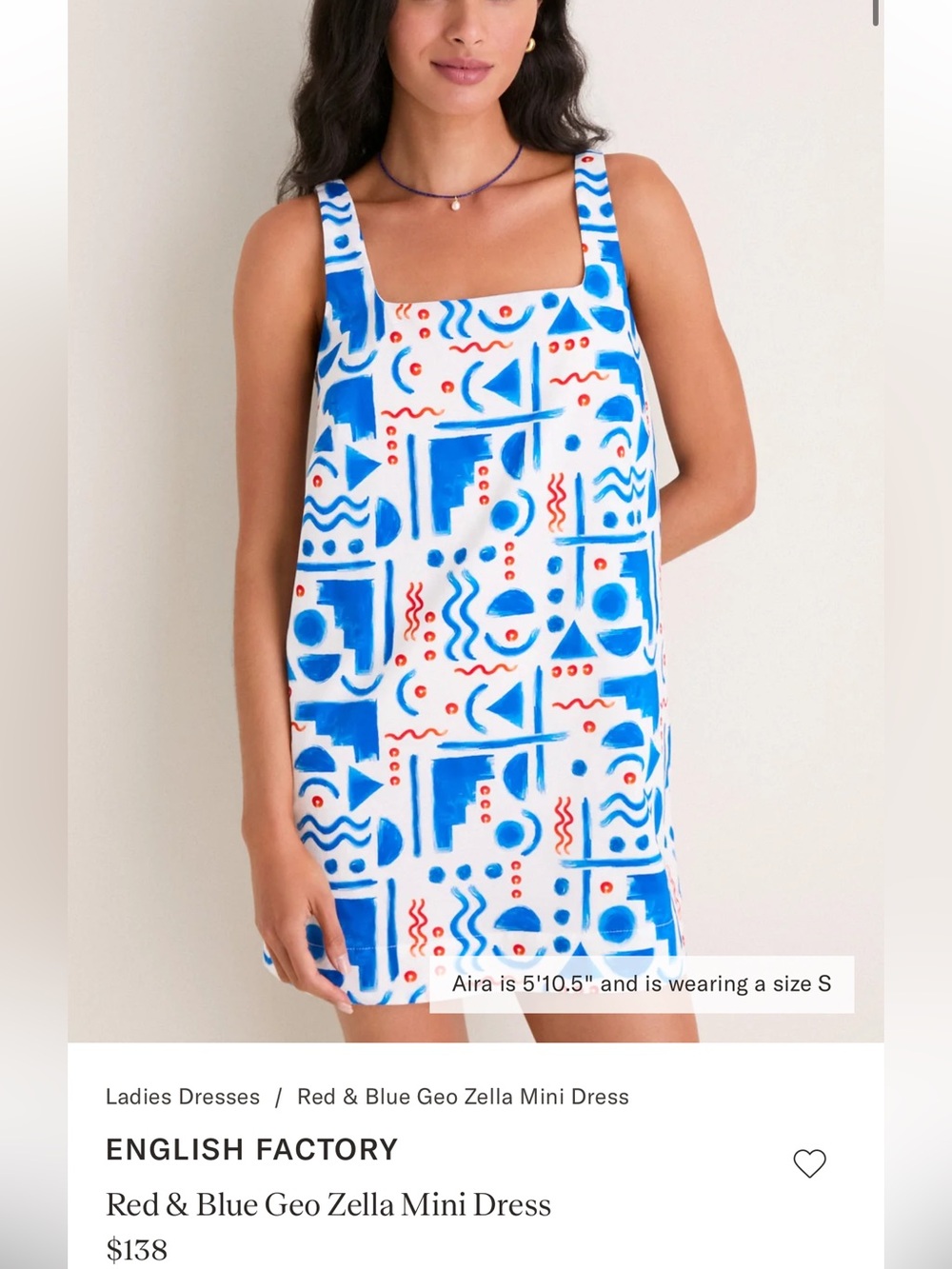 English Factory White Mini Dress with Blue Geo and Red Accents